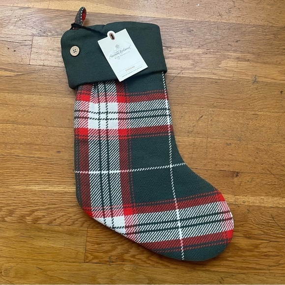Hearth & Hand by Magnolia Christmas stocking plaid red green woven canvas button - Picture 1 of 3